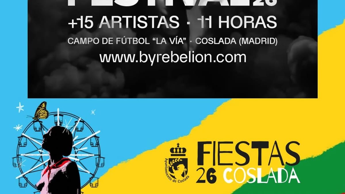 Cartel promocional de Rebellion Festival para las Fiestas de Coslada 2026, con logo del evento y fecha 13 de junio