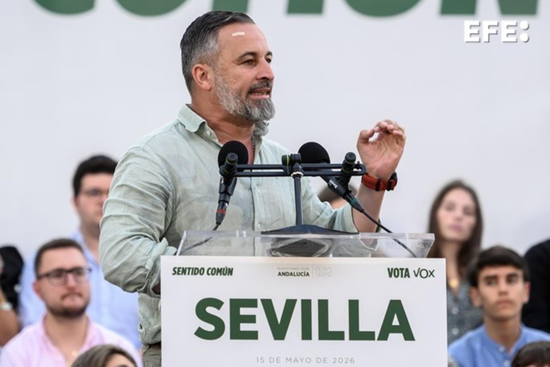 SEVILLA, 15/05/2026.- El presidente de VOX Santiago Abascal interviene en el cierre de la campaña electoral andaluza del partido, este viernes en la plaza de la Virgen de los Reyes, en Sevilla. EFE/ Raúl Caro.
