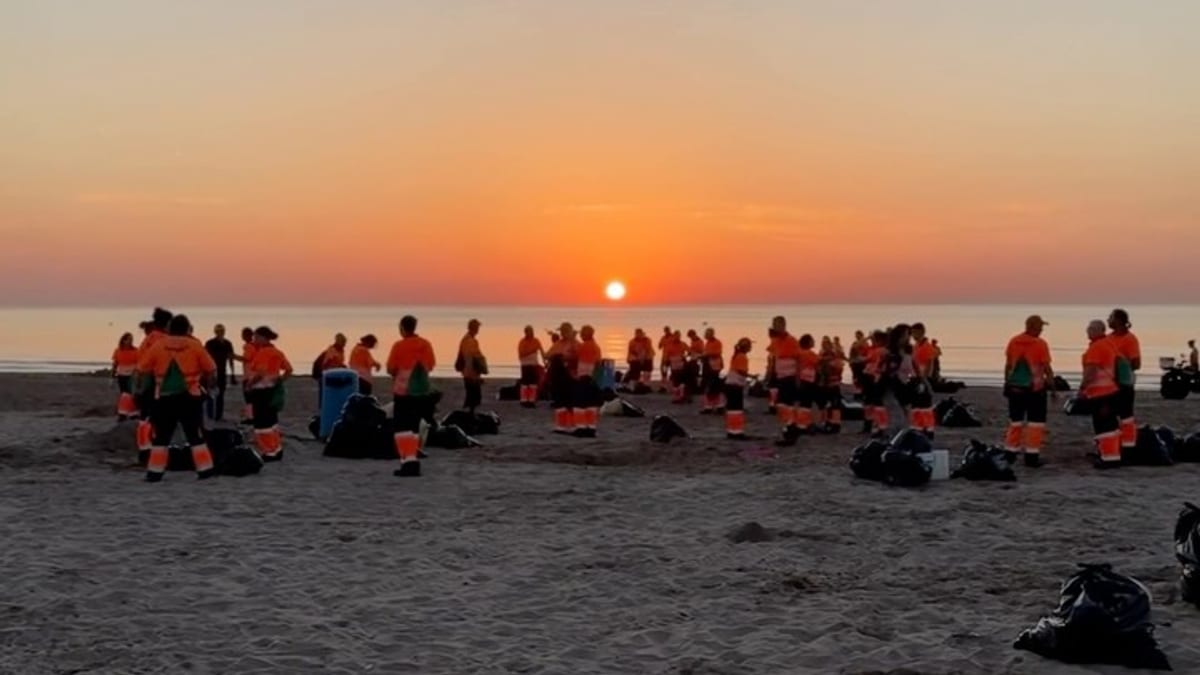 Operarios y maquinaria especializada en tarea de limpieza de playa tras Noche de San Juan en Valencia