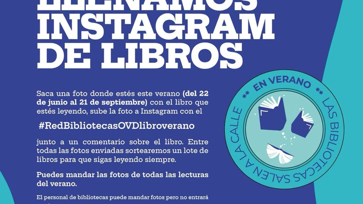 Cartel del concurso de lectura estival en Instagram de la Red de Bibliotecas con invitación a compartir fotos de libros durante el verano
