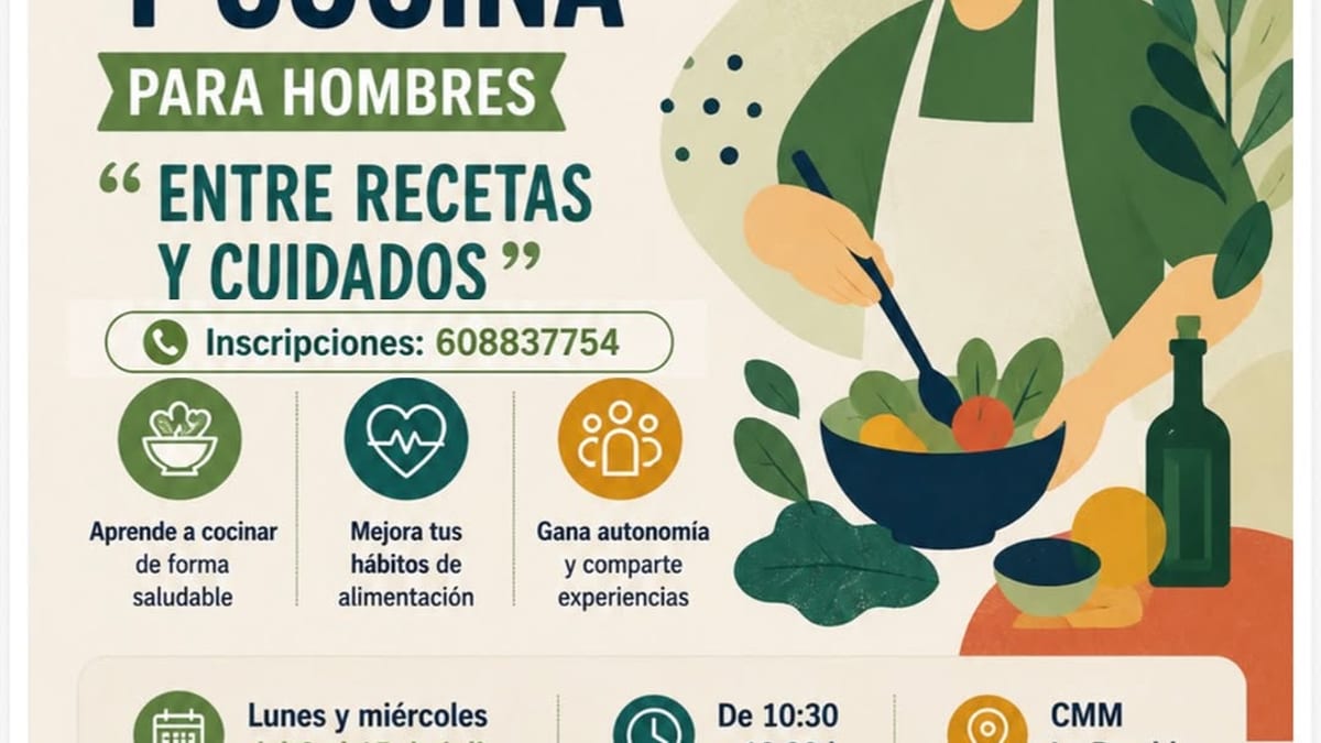 Cartel del taller de nutrición y cocina para hombres de Coslada. Muestra detalles de fechas, horarios y número de inscripción