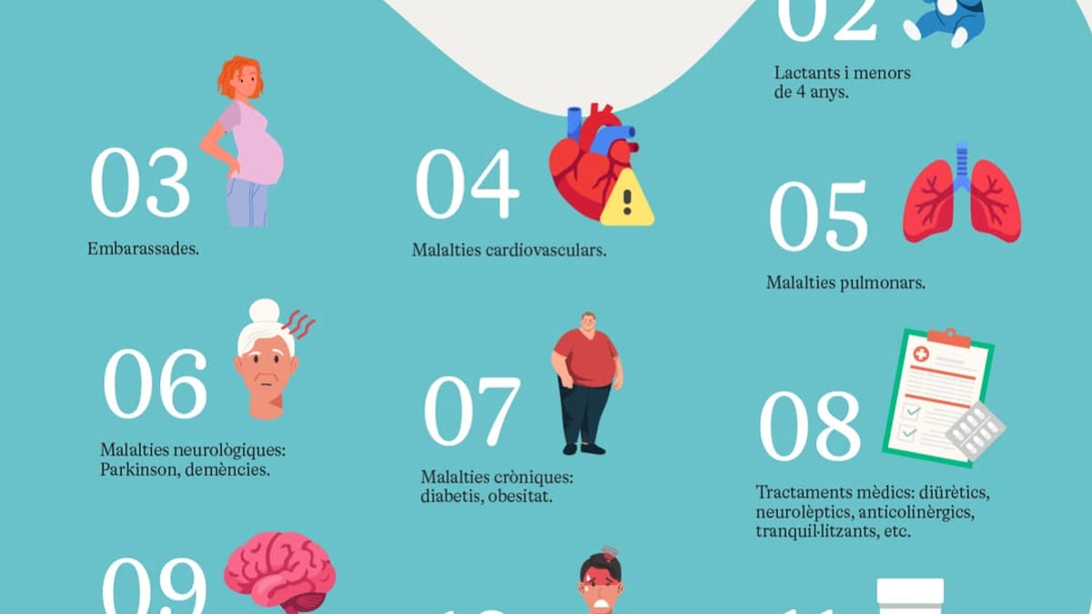 Infografía sobre grupos de riesgo ante el calor: personas mayores de 65 años, embarazadas, pacientes con enfermedades crónicas y bebés