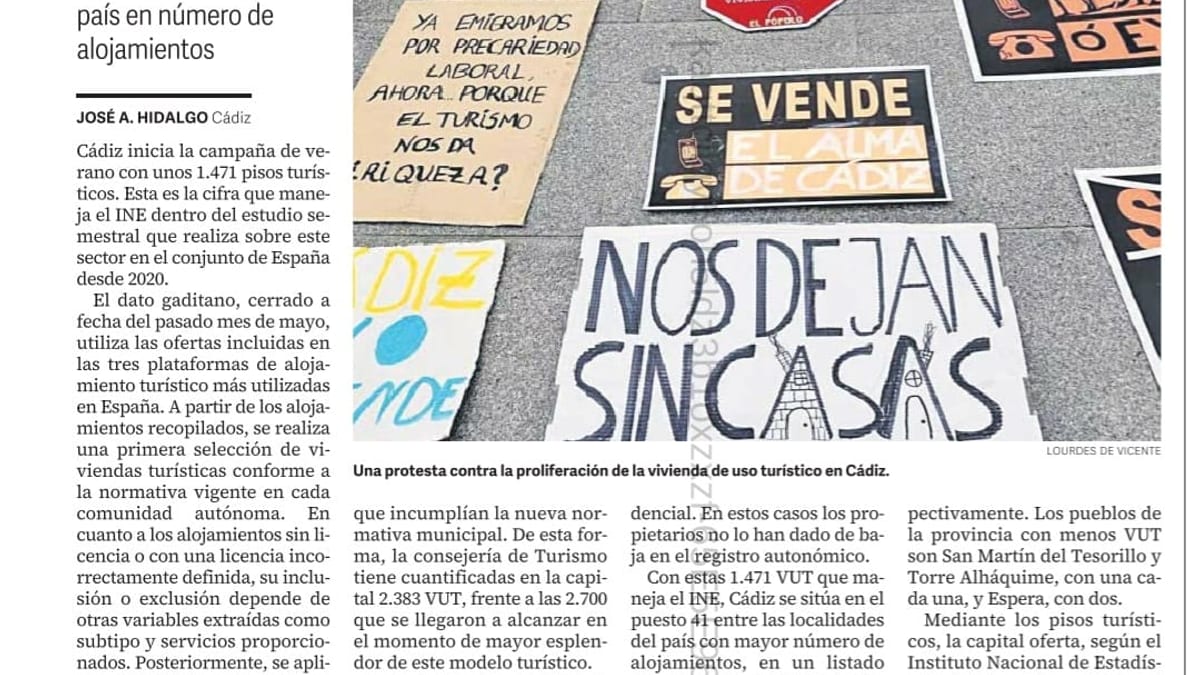 Gráfico del INE mostrando la caída de pisos turísticos en Cádiz