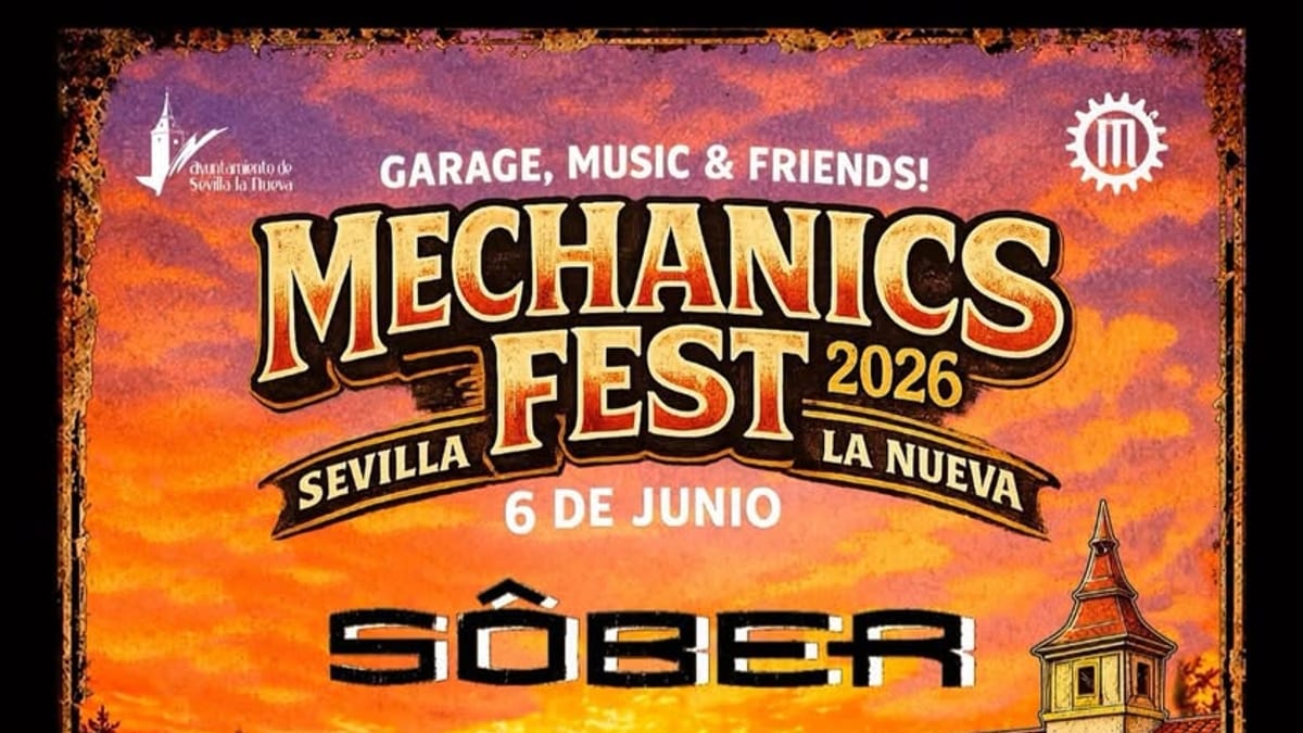 Cartel del Mechanics Fest 2026 en Sevilla la Nueva con información sobre conciertos, rutas moteras y actividades