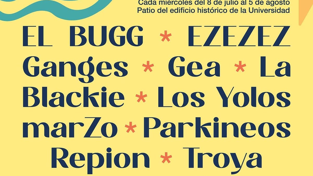 Cartel promocional de Tiempos Nuevos OVD 2026 con los cinco conciertos dobles gratuitos en la Universidad de Oviedo