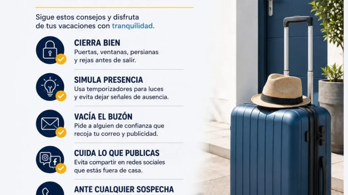 Cartel de la campaña Vacaciones Seguras del Ayuntamiento de Alcobendas con consejos de prevención de robos durante el verano