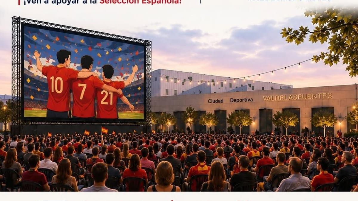 Cartel del evento de Alcobendas para la semifinal del Mundial 2026 España-Francia con pantalla gigante en la Ciudad Deportiva Valdelasfuentes