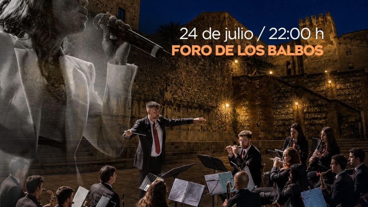 Cartel del concierto Um Passeio por Lisboa de la Banda Municipal de Música de Cáceres, 24 de julio a las 22:00 en el Foro de los Balbos con Raquel Guerra