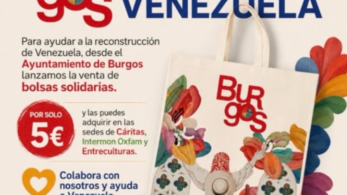 Cartel de la campaña solidaria Burgos con Venezuela mostrando bolsas de tela con el cartel de las Fiestas de San Pedro y San Pablo de Burgos