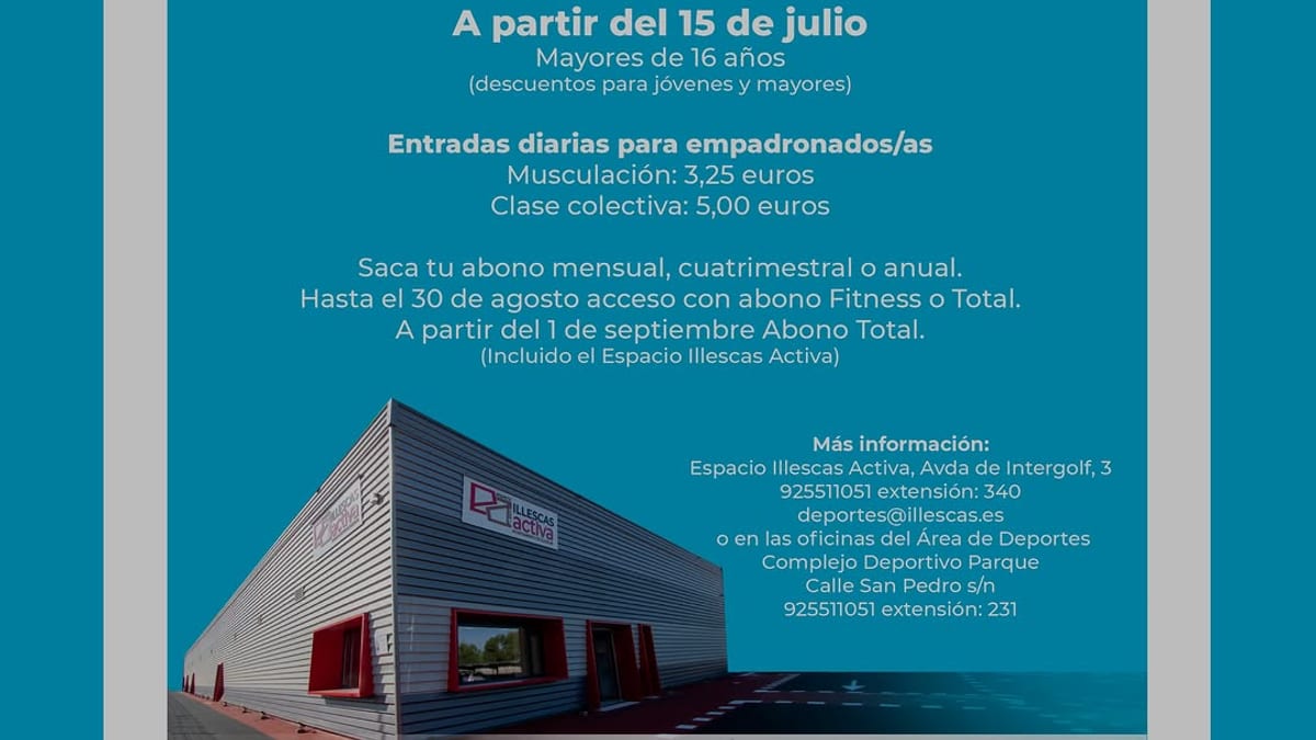 Cartel del Espacio Illescas Activa con información de apertura, horarios y tarifas