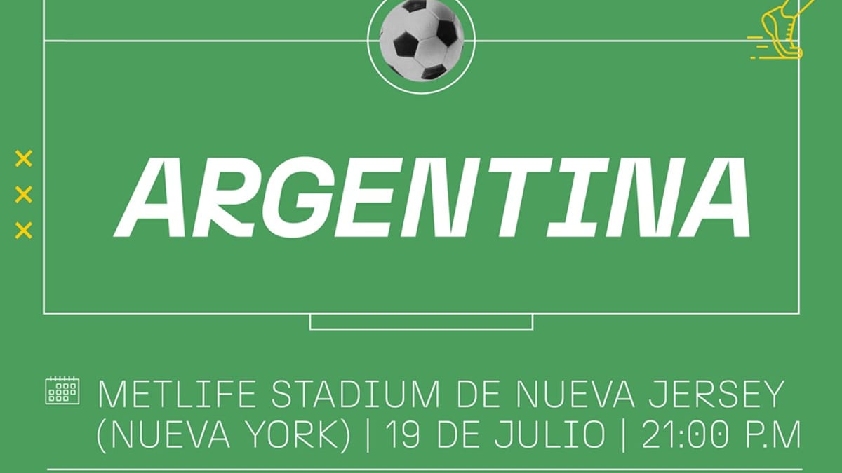 Cartel informativo de ICEX sobre el enfrentamiento España-Argentina en el MetLife Stadium de Nueva Jersey el 19 de julio a las 21:00 p.m.