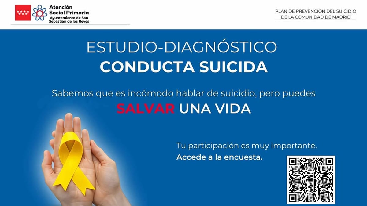 Cartel del Plan de Prevención del Suicidio de San Sebastián de los Reyes con invitación a participar en estudio-diagnóstico