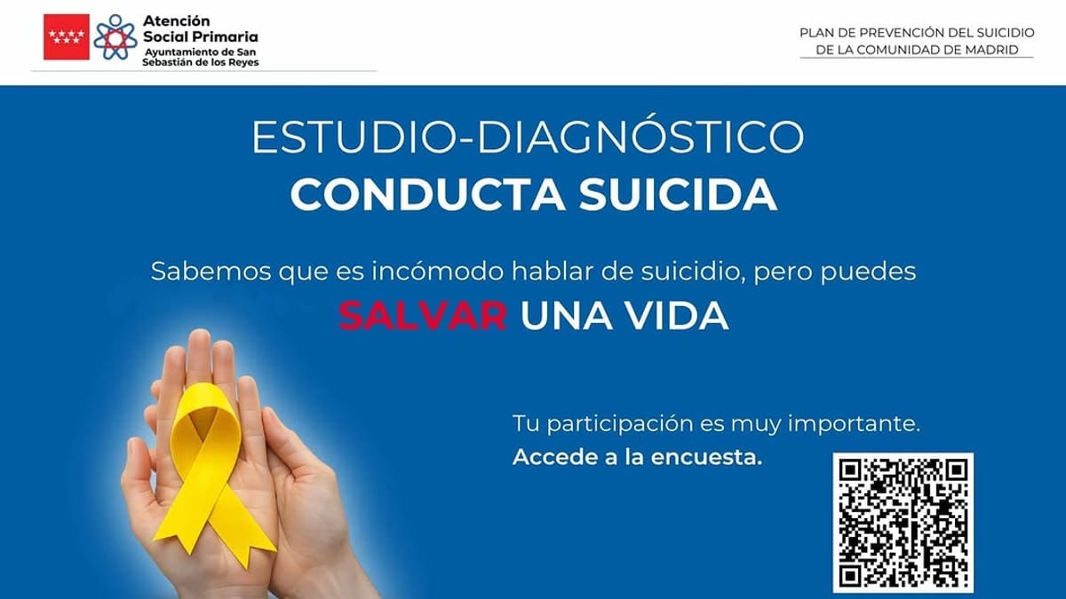 Cartel del Plan de Prevención del Suicidio de San Sebastián de los Reyes con invitación a participar en estudio-diagnóstico