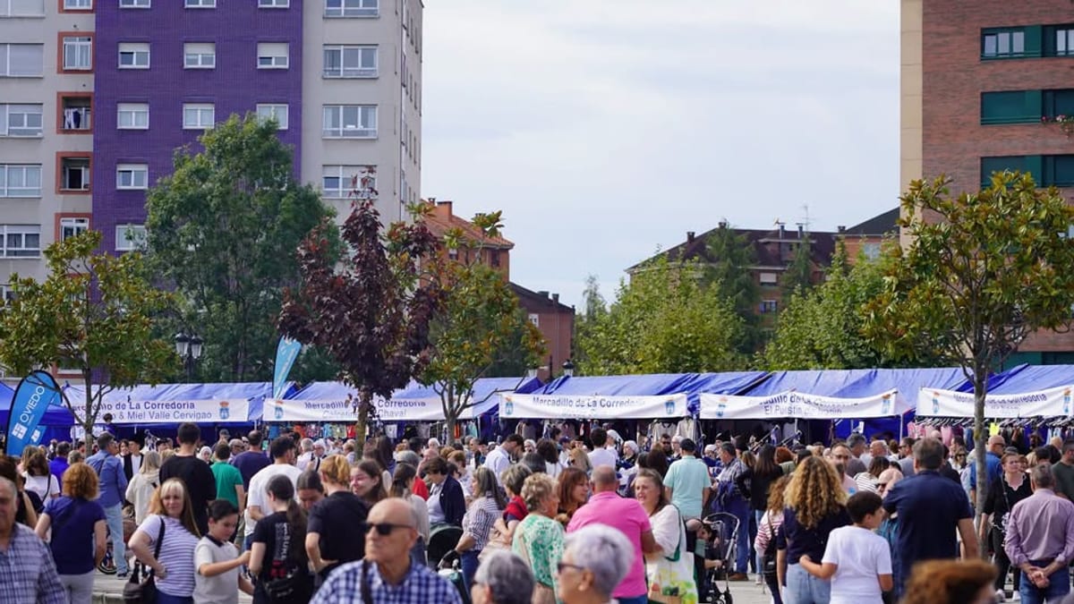 Mercadillo de La Corredoria en Oviedo con toldos azules que identifican el espacio
