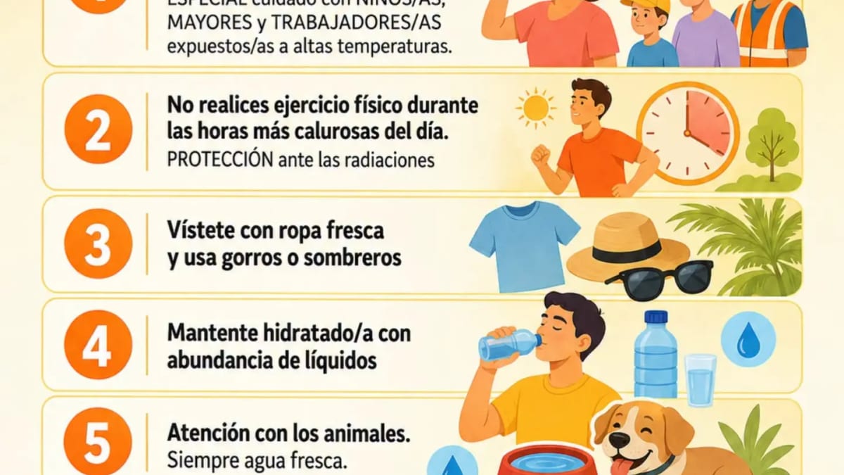 Cartel informativo del Ayuntamiento de San Fernando de Henares con recomendaciones para combatir altas temperaturas durante aviso naranja