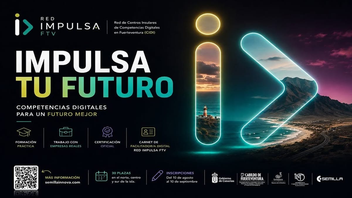 Cartel del programa RED IMPULSA FTV con información sobre 30 plazas para facilitadores digitales en Fuerteventura, con inscripciones del 10 de agosto al 10 de septiembre