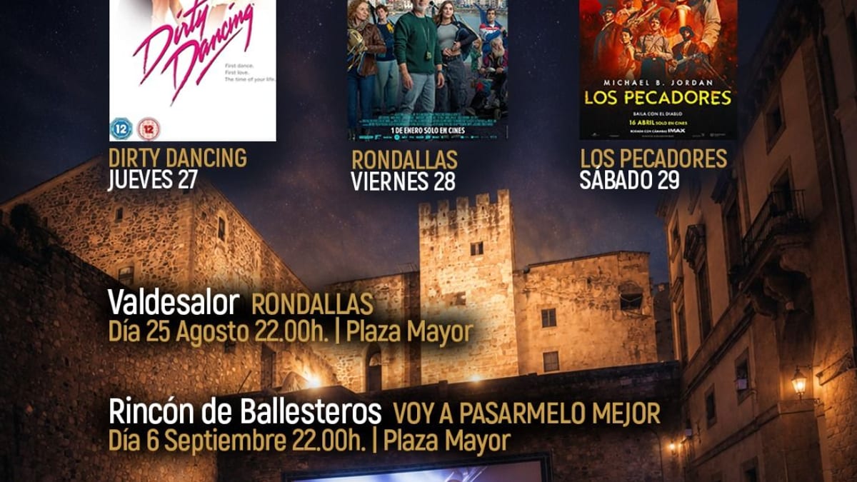 Cartel del Cine de Verano 2026 del Ayuntamiento de Cáceres con las películas programadas