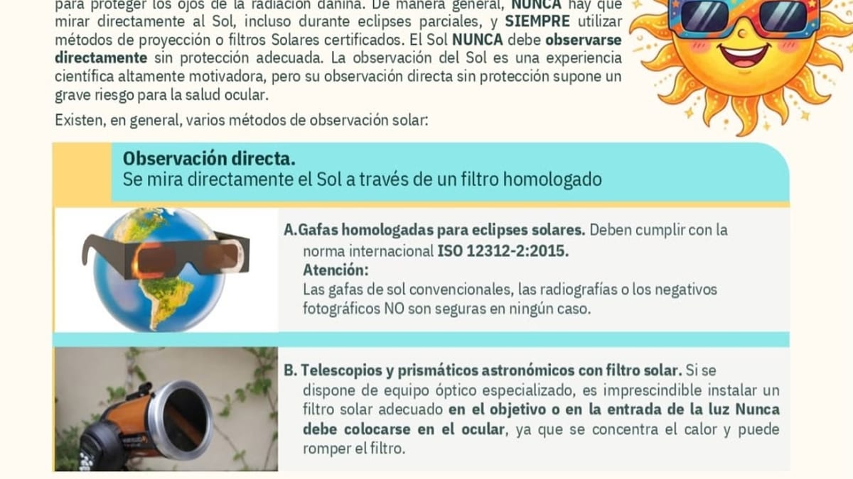 Infografía de la Casa de las Ciencias sobre normas de seguridad para la observación del eclipse solar: métodos directos e indirectos, gafas certificadas y recomendaciones de precaución