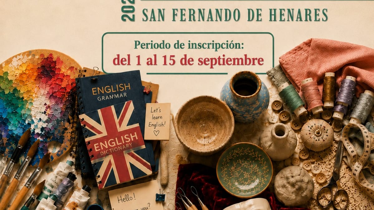 Cartel promocional de cursos culturales 2026-2027 del Ayuntamiento de San Fernando de Henares, mostrando información sobre inscripciones y cursos de inglés