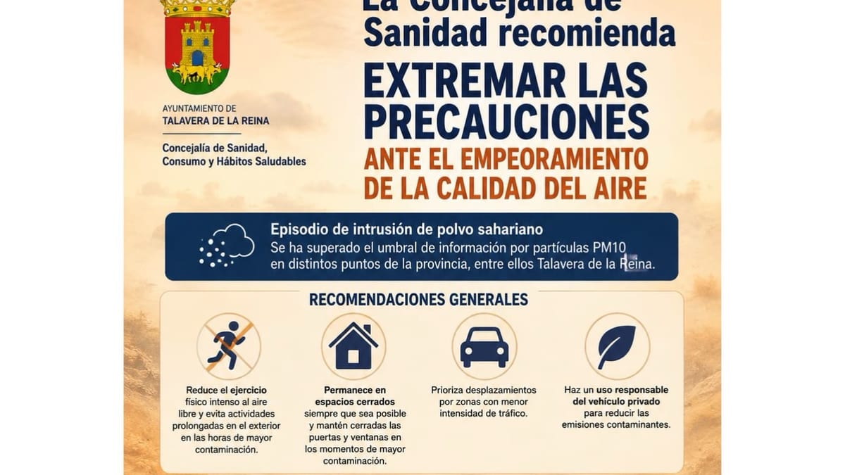 Cartel informativo de la Concejalía de Sanidad de Talavera de la Reina sobre recomendaciones ante episodio de intrusión de polvo sahariano