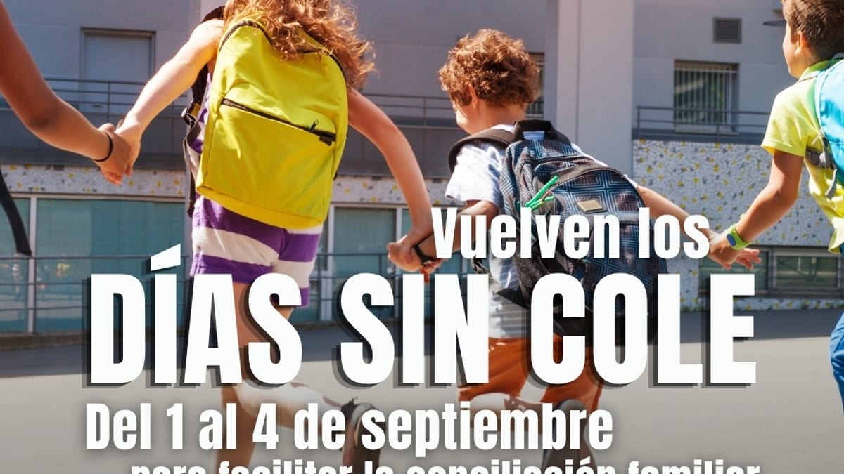 Cartel informativo de los Días sin Cole de Torrelodones, con fechas del 1 al 4 de septiembre dirigido a alumnos de infantil y primaria