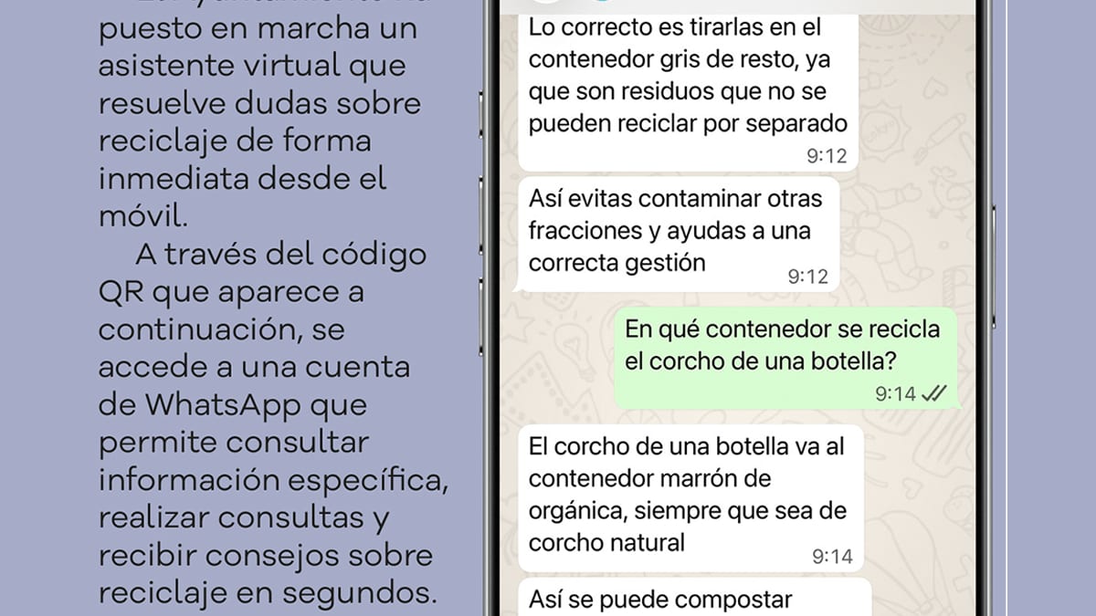 Captura del asistente virtual de WhatsApp de Valdemoro que muestra consultas sobre reciclaje con códigos QR y respuestas sobre dónde depositar residuos