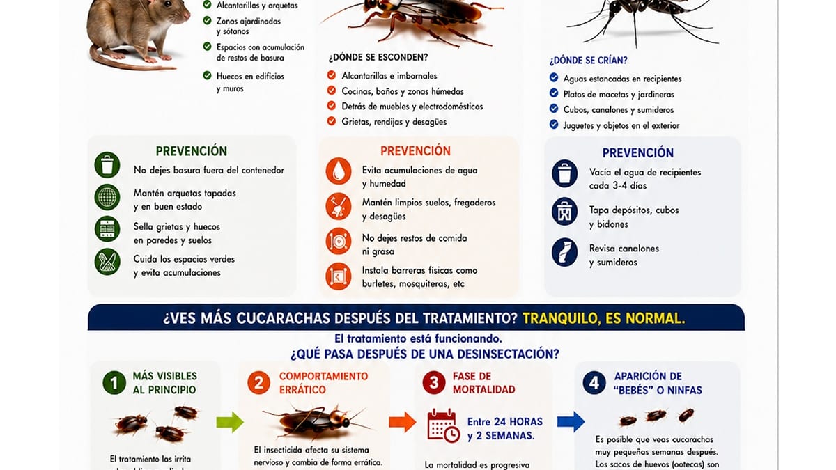 Cartel informativo de Valdemoro sin plagas con información sobre prevención de ratas, cucarachas y mosquitos, y explicación del comportamiento de los insectos tras la desinsectación