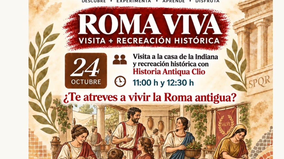 Cartel de Roma Viva: actividad familiar en Arqueopinto para octubre con visita a la Casa de la Indiana y recreación histórica