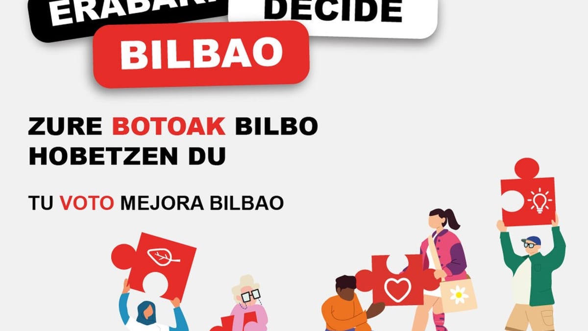 Cartel de promoción del Presupuesto Participativo 2027 de Bilbao con el lema Tu voto mejora Bilbao