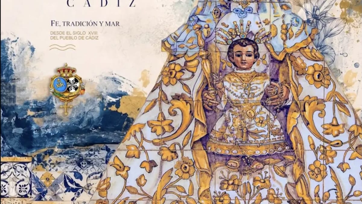 Cartel oficial de la Fiesta Patronal de la Virgen del Rosario 2026 de Cádiz, con imagen de la Virgen sobre media luna azul, decoraciones de azulejos tradicionales y flores blancas, en tonos azules y dorados