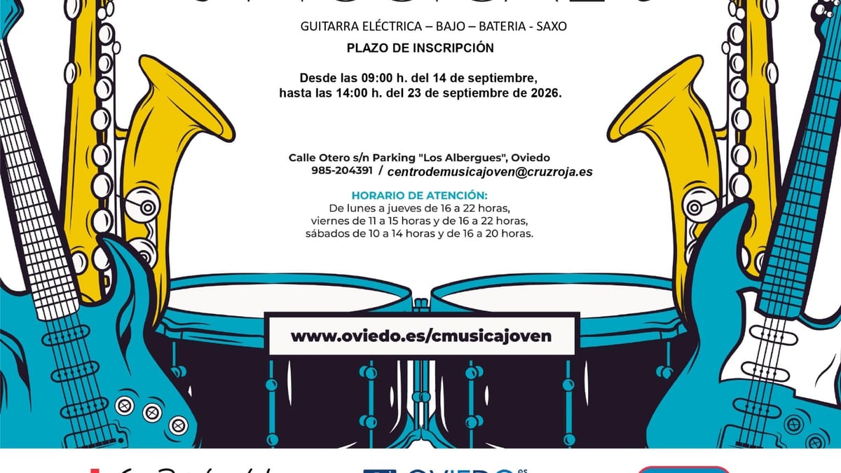 Cartel de los Cursos de Formación Musical del Centro de Música Joven Pedro Astarrica de Oviedo con especialidades en guitarra eléctrica, bajo, batería y saxo