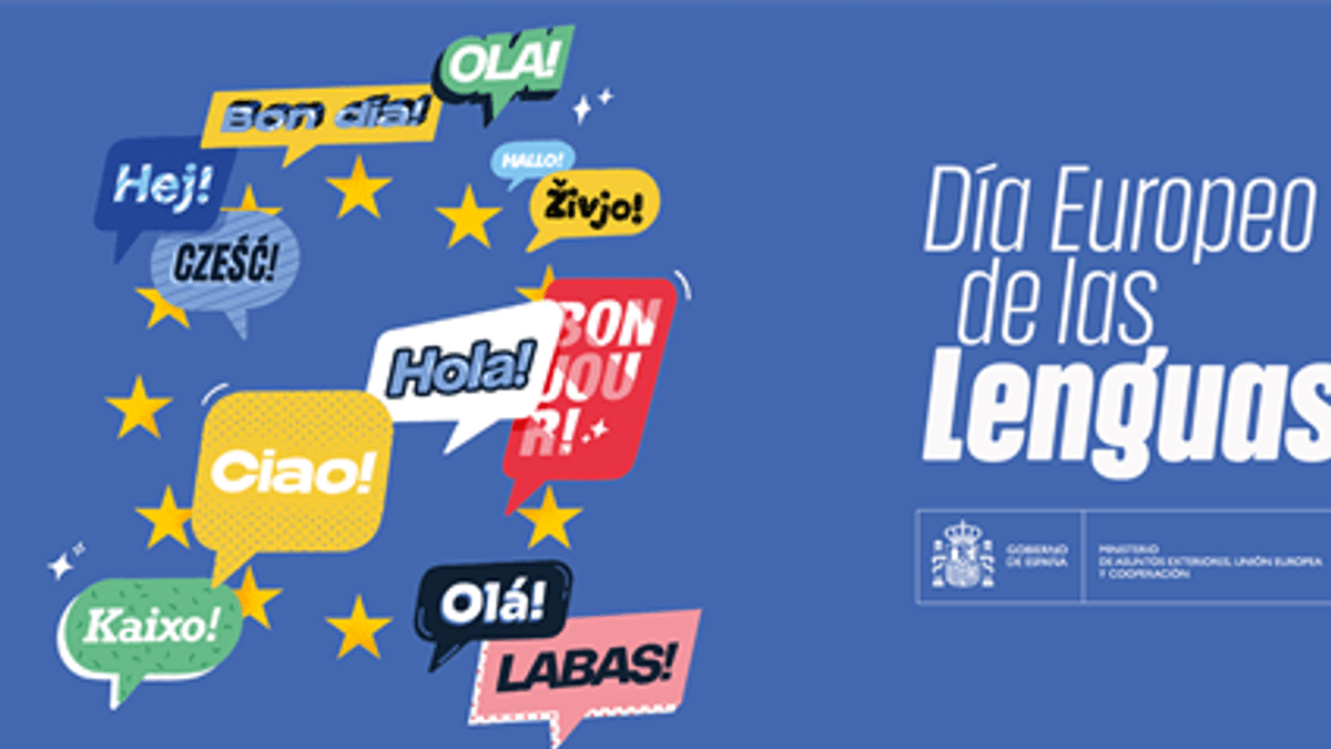 Cartel del Día Europeo de las Lenguas con saludos en múltiples idiomas europeos incluyendo español, sueco, italiano, euskera, portugués y checo