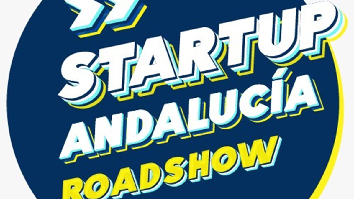 Cartel del programa Startup Andalucía Roadshow con el logo del programa en colores azul y blanco