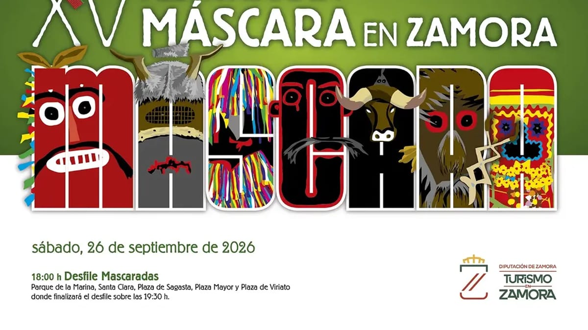 Cartel del XIV Festival de la Máscara de Zamora 2026 con máscaras tradicionales y información del evento