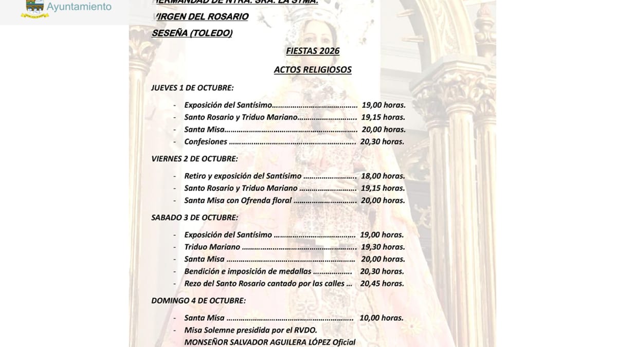 Cartel informativo de los actos religiosos en honor a la Virgen del Rosario, patrona de Seseña, del 1 al 5 de octubre de 2026