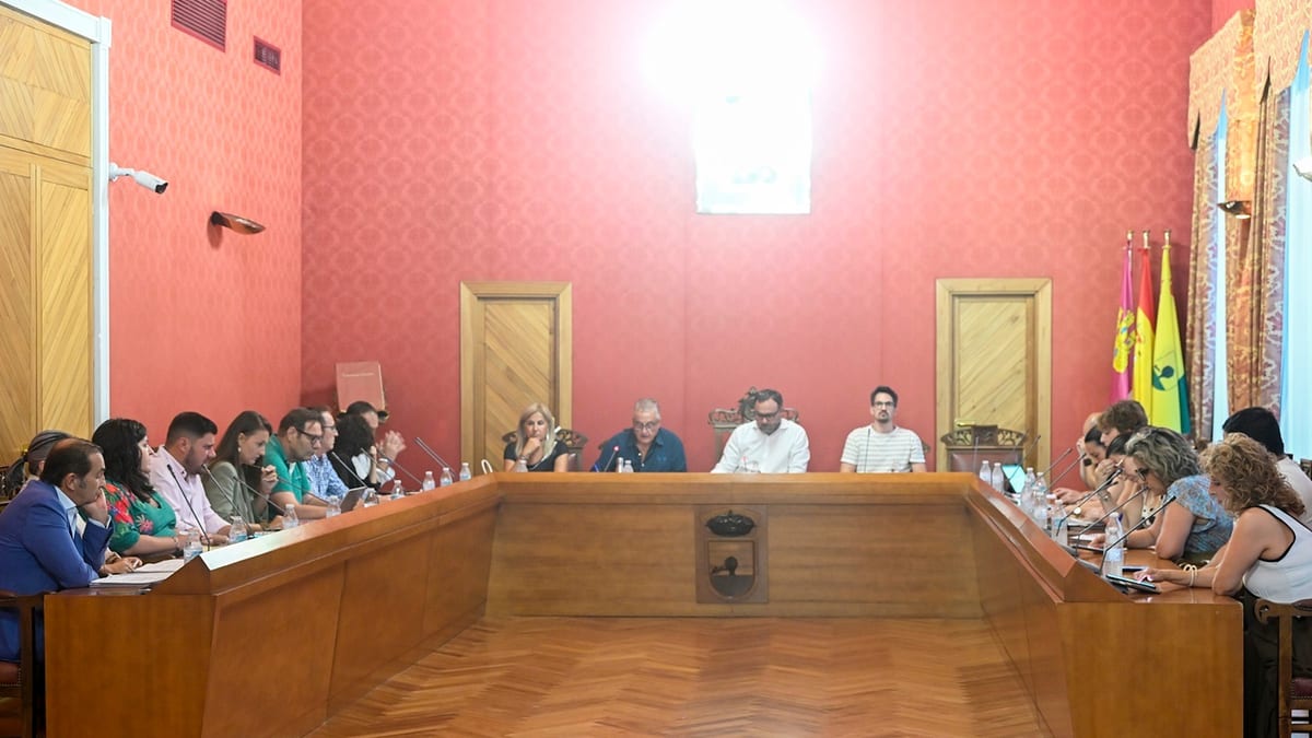 Pleno municipal de Tomelloso con sala de paredes coral y banderas, durante la votación de mociones sobre Ceuta, Melilla y Alzheimer