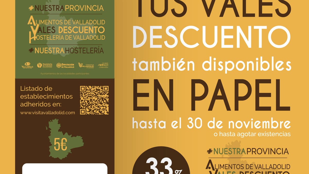 Cartel de los Vales Descuento de Alimentos de Valladolid con información sobre los establecimientos adheridos y válidos hasta el 30 de noviembre de 2026