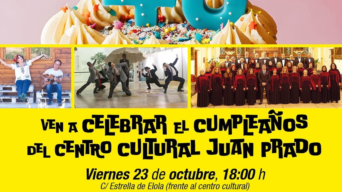 Cartel anunciador del 40 aniversario del Centro Cultural Juan Prado de Valdemoro con información del evento del viernes 23 de octubre