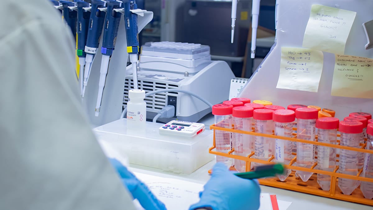 Investigadores trabajando en laboratorio con equipamiento científico y tubos de ensayo
