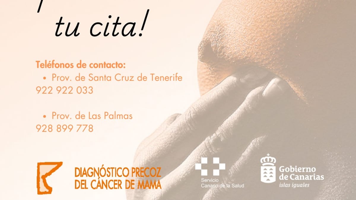 Cartel del Programa de Diagnóstico Precoz del Cáncer de Mama del Servicio Canario de la Salud con información de contacto para citas