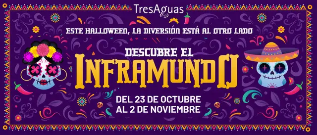 Cartel de Halloween del centro comercial TresAguas con la temática del Día de Muertos y el texto "Descubre el Inframundo".