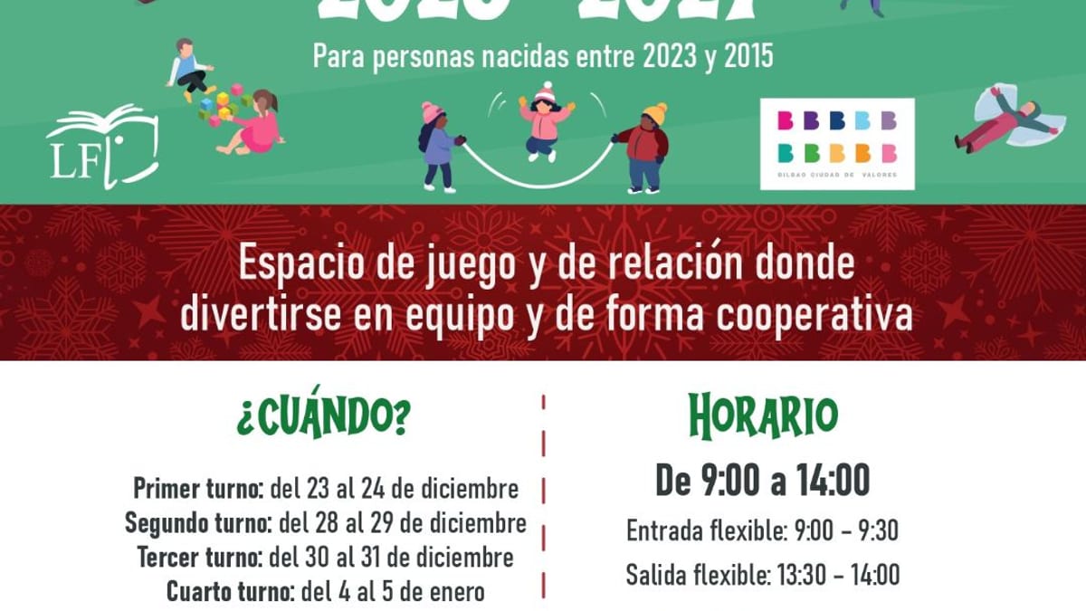 Cartel informativo de colonias de invierno 2026-2027 del Ayuntamiento de Bilbao con horarios, precios y centros municipales participantes