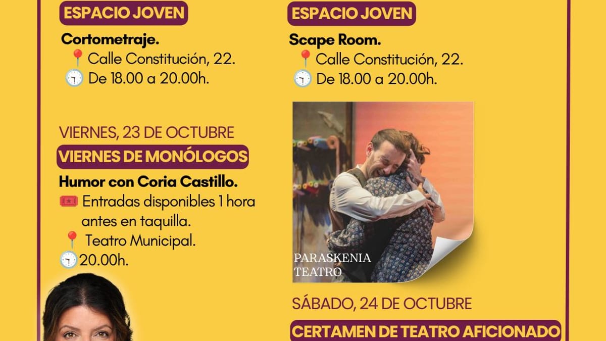 Cartel con programación de actividades culturales del fin de semana en Navalcarnero: cortometrajes, scape room, monólogos y teatro aficionado