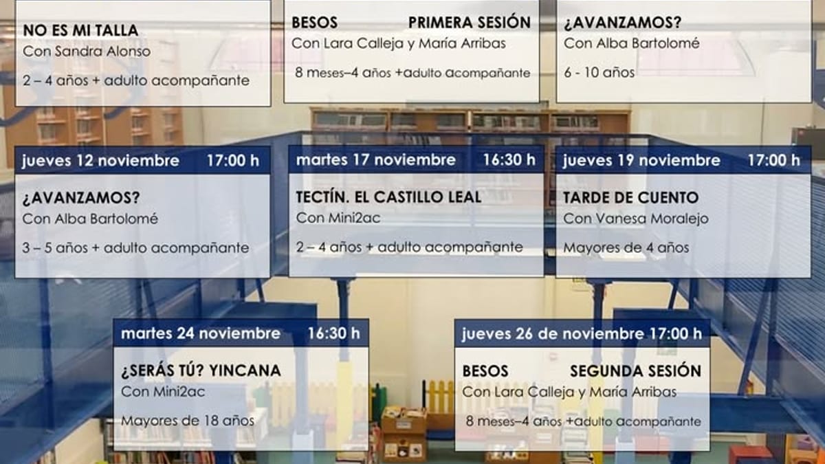 Cartel de actividades de noviembre de las Bibliotecas Municipales de Zamora con programación de talleres, cuentacuentos y teatro infantil