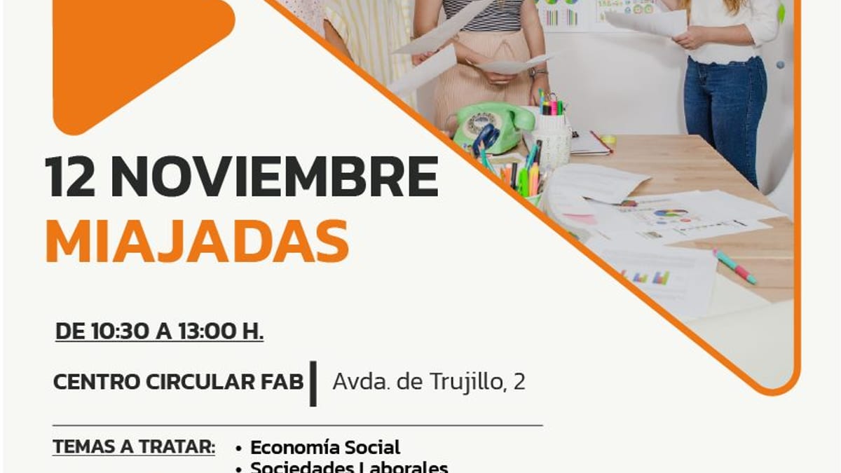 Cartel del taller de AEXLAB sobre Sociedades Laborales en Miajadas, 12 de noviembre de 10:30 a 13:00 horas en Centro Circular FAB