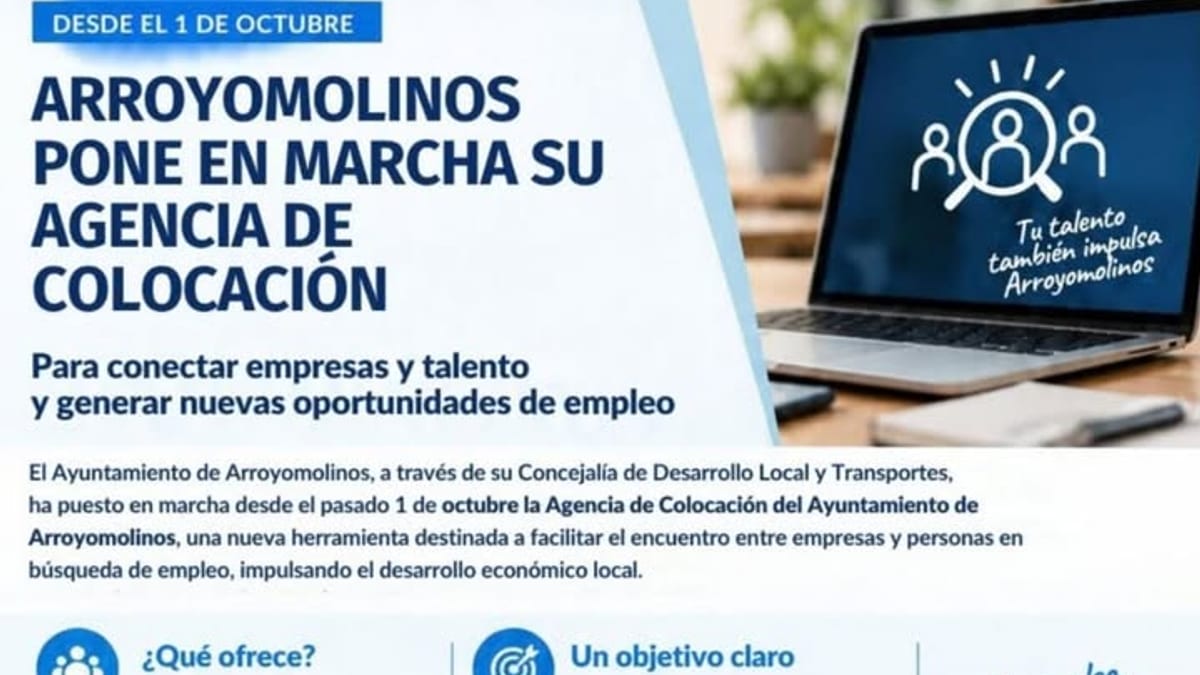 Cartel informativo de la Agencia de Colocación del Ayuntamiento de Arroyomolinos con información sobre servicios para demandantes de empleo y empresas