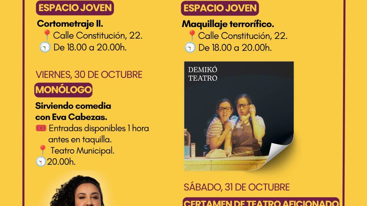 Cartel de la programación cultural de Navalcarnero para el fin de semana: Espacio Joven, monólogos y Certamen de Teatro Aficionado