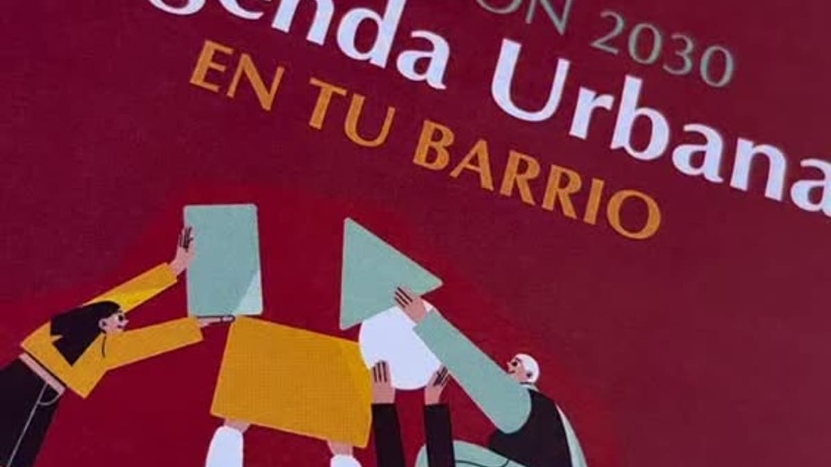 Cartel de la Agenda Urbana 2030 de Alcorcón con información de asambleas en tu barrio