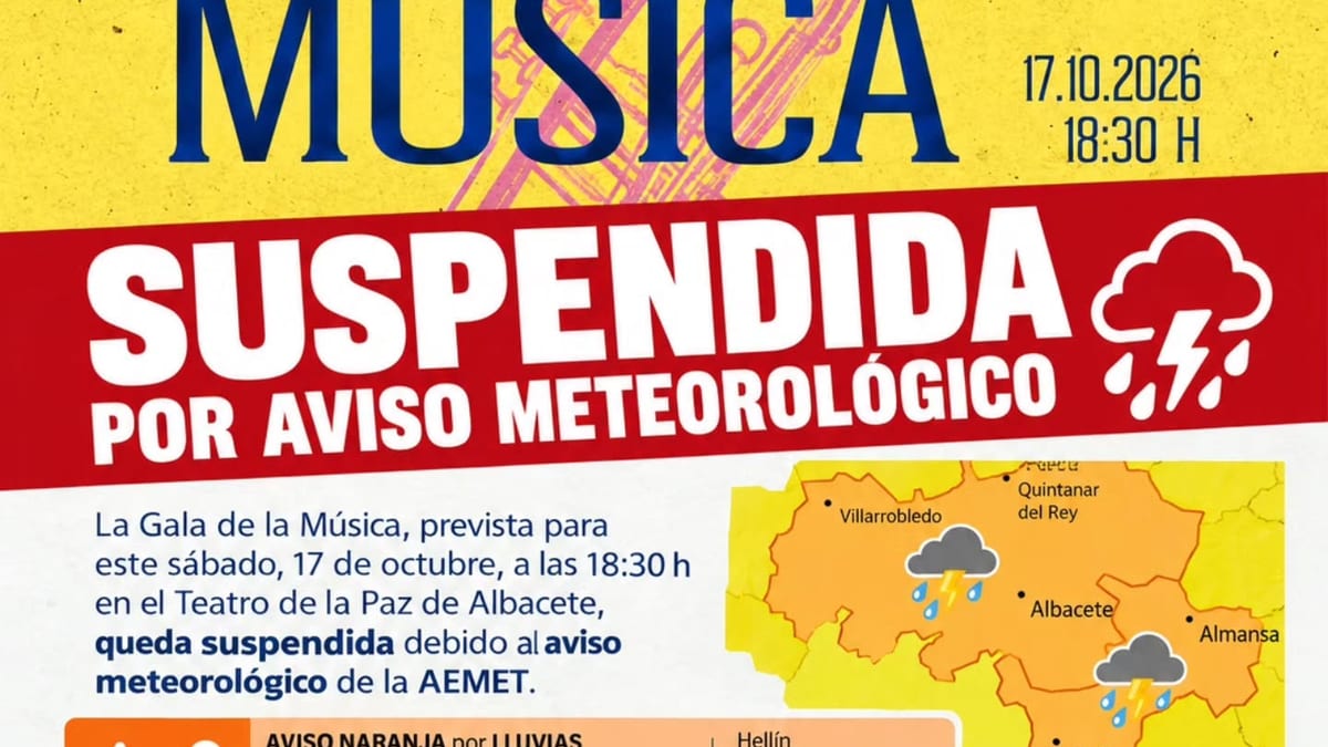 Cartel de la Gala de la Música de Albacete suspendida por aviso meteorológico naranja de lluvias intensas