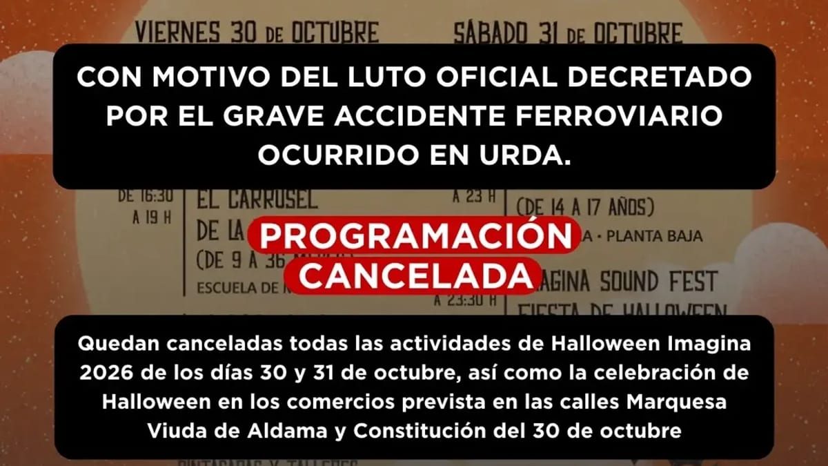 Cartel del Ayuntamiento de Alcobendas anunciando la cancelación de la programación de Halloween de los días 30 y 31 de octubre por luto oficial